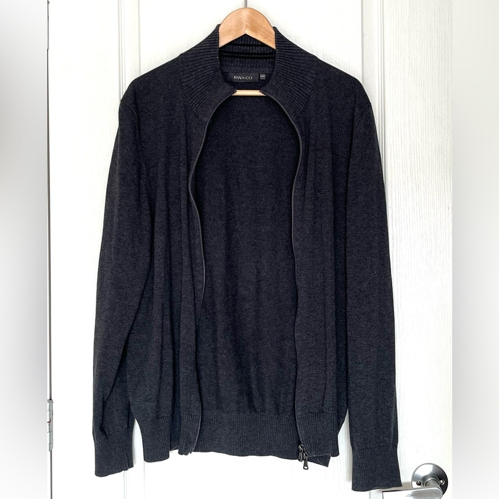 RW&CO. Men's Full Zip-Up Sweater Ribbed Cardigan Dark Grey, Classic Style, XL